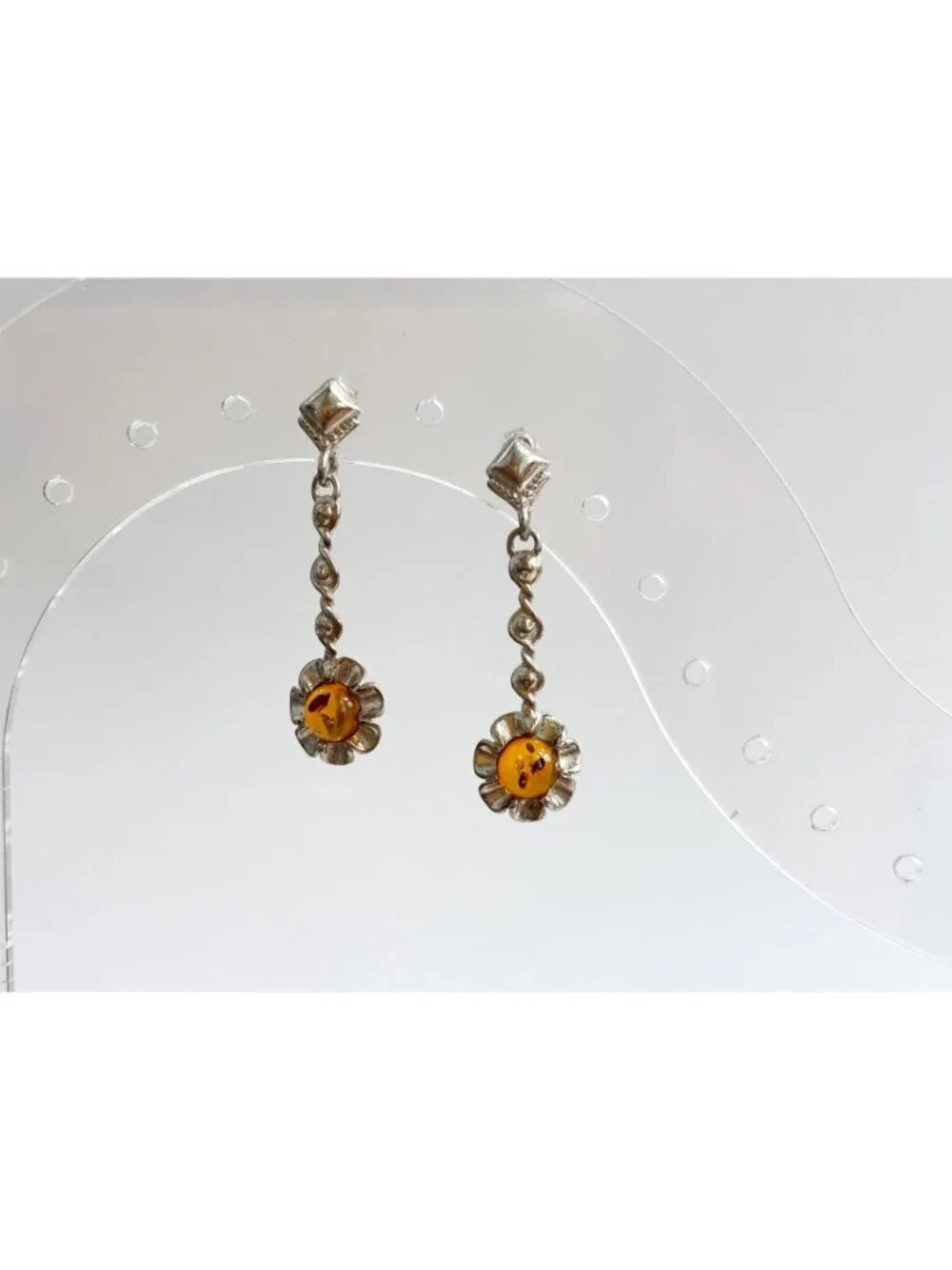 Baltic Amber Sunflower Shaped Spiral Vintage Sterling Silver 925 Dangle Earrings